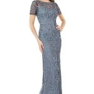 JS Collections Illusion Yoke Scroll Embroidery Gown, Dress Blue Size 10